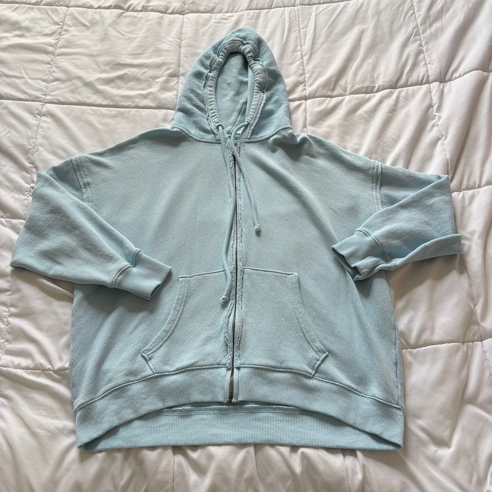 American Eagle Light Blue Waffle Knit Zip Up Hoodie Sweatshirt Womens Medium